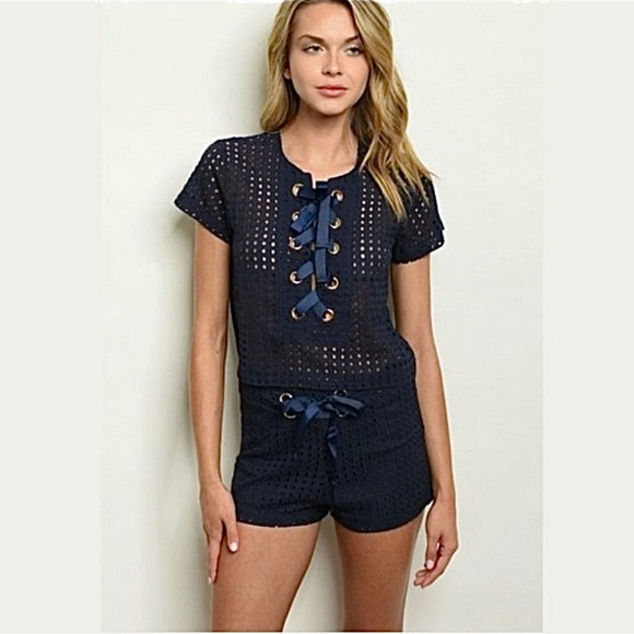 💥NWT LAST ONE!💥💙 The Sang navy blue eyelet lace top & bottom set fits xs-m💙 - Picture 4 of 5